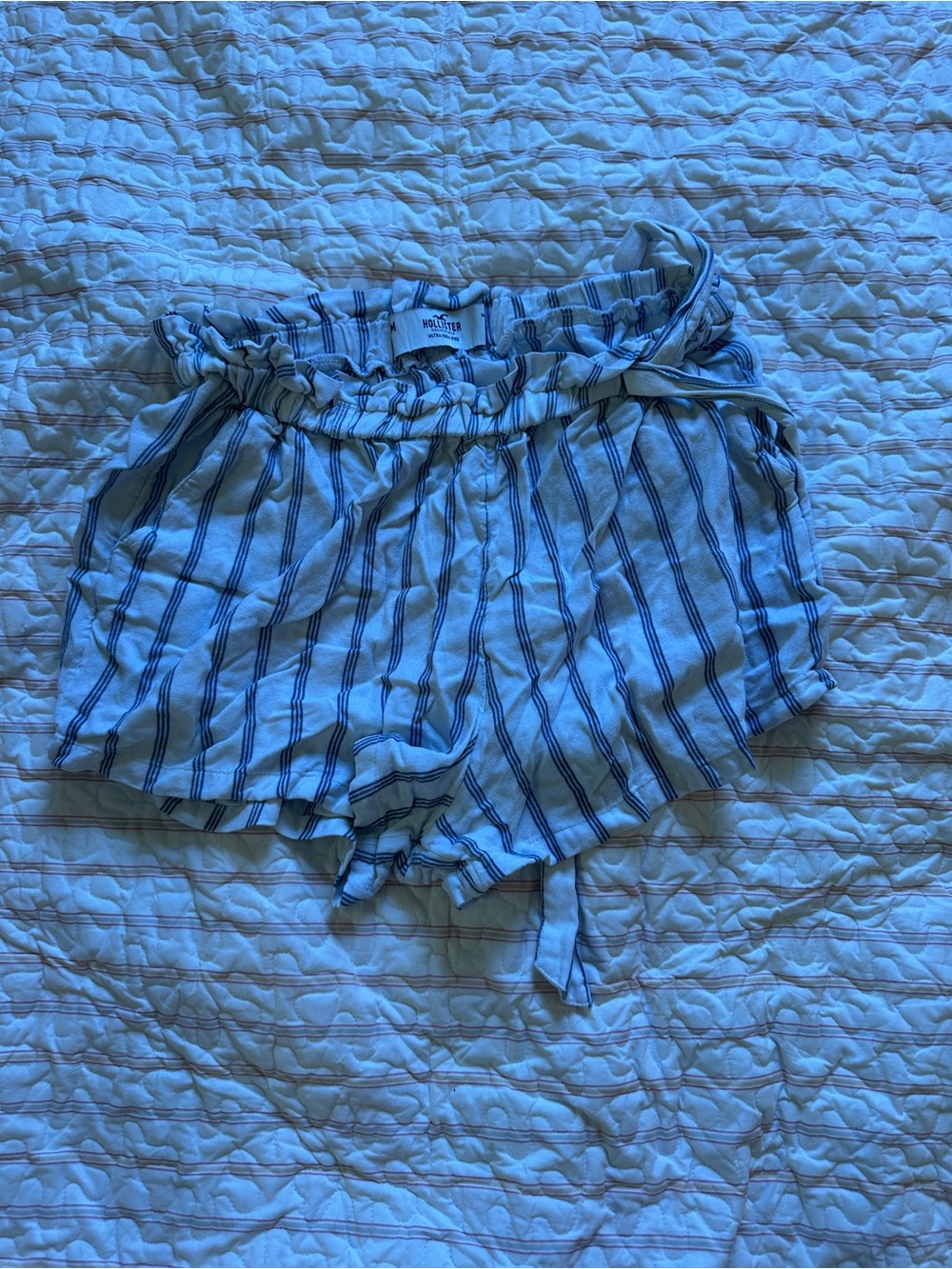Hollister Blue and White Striped High-Waist Paperbag Shorts with belt